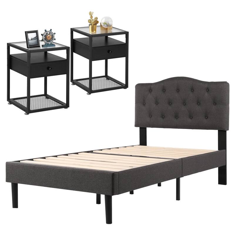 Taomika 3-pieces Height Adjustable Upholstered Bed and Modern Tempered Glass Nightstands Set