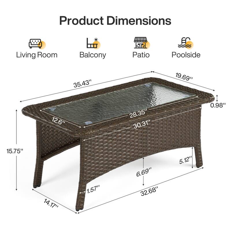 Rectangular Wicker Outdoor Coffee Table With Glass Top