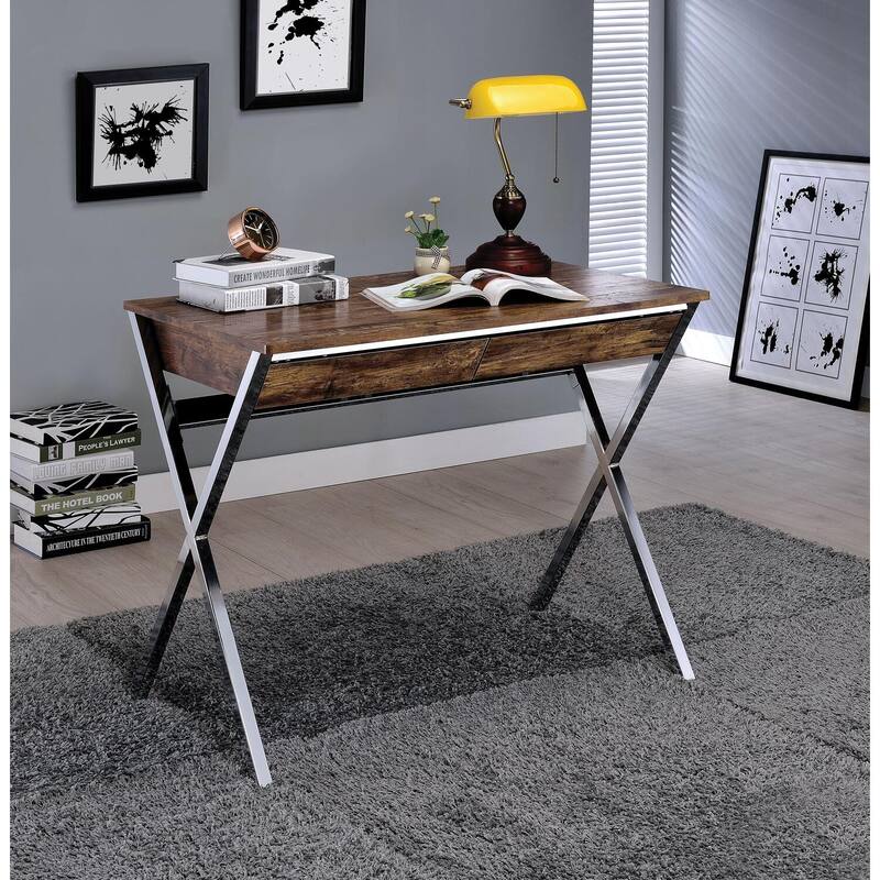 Mid-Century Desk with Drawers, Modern Office Writing Table, Weathered Oak Finish