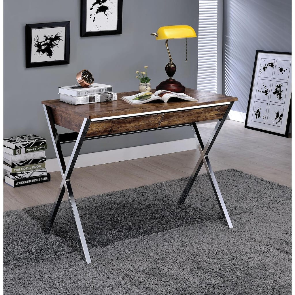 Mid-Century Desk with Drawers, Modern Office Writing Table, Weathered Oak Finish