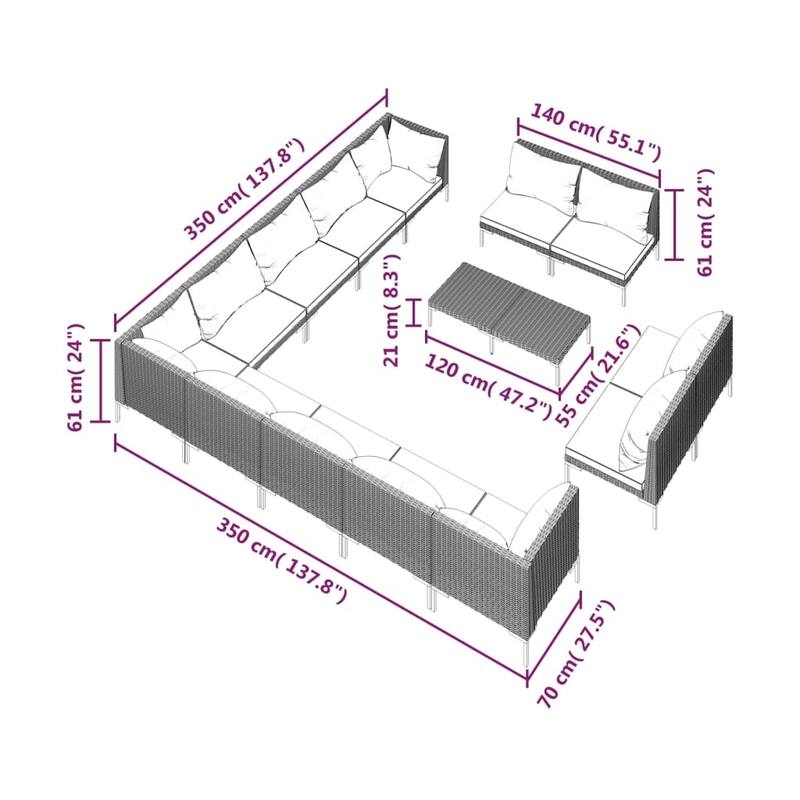 vidaXL Patio Lounge Set Outdoor Sectional Corner Sofa Poly Rattan Dark Grey - 27.6" x 27.6" x 24"