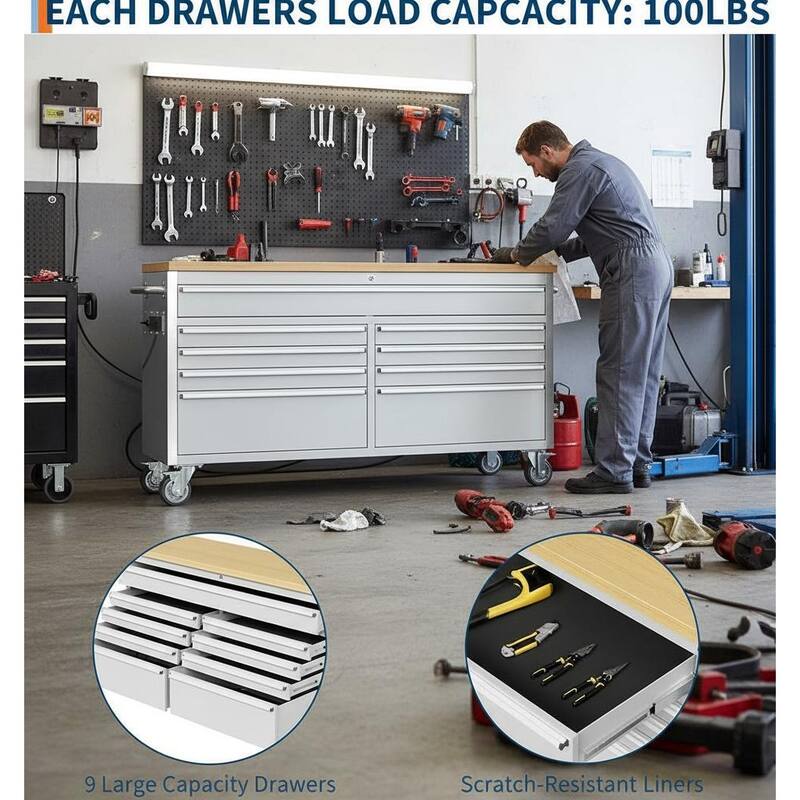 61 inch Rolling Tool Chest, with 9 Drawers and Wheels