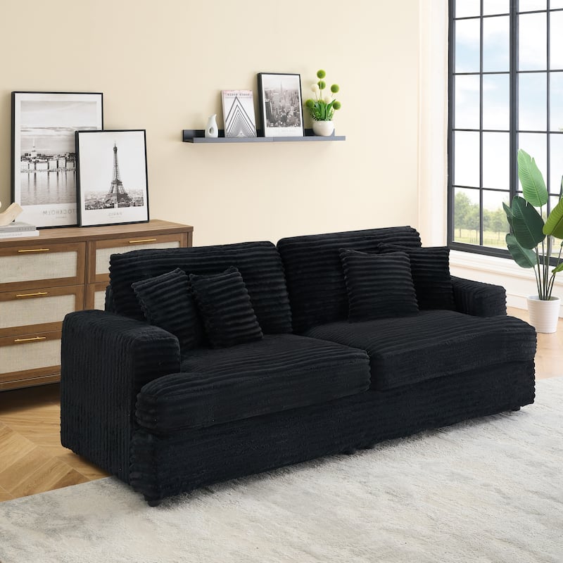 Corduroy Upholstered 3 Seater Sofa, Oversized Cloud Deep Seat Couch with 4 Lumbar Pillows, Loveseat for Living Room, Apartment - Black