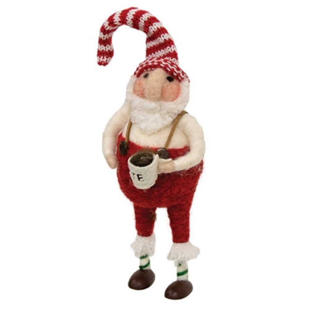 Felt Santa with Latte Ornament 7.5 Inch Christmas Tree Decor with Red Overalls Striped Hat and Mug