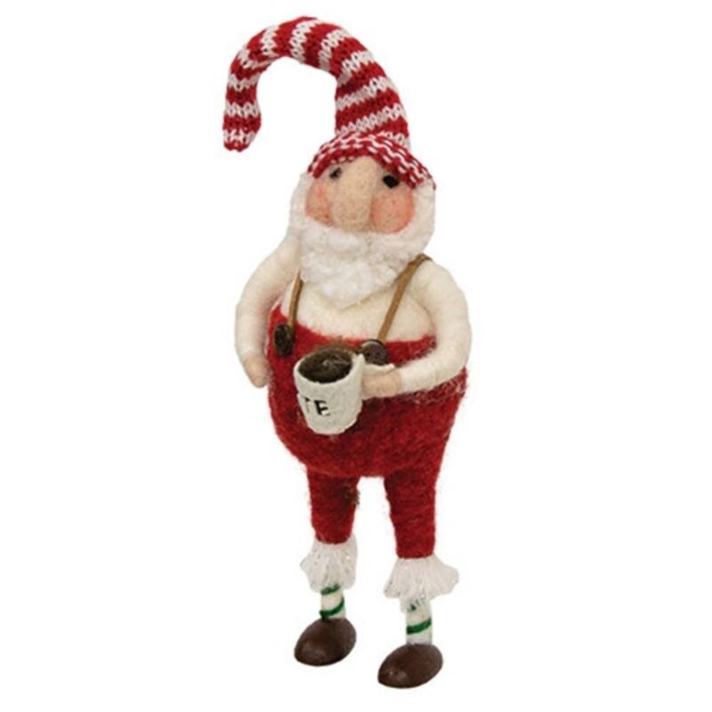 Felt Santa with Latte Ornament 7.5 Inch Christmas Tree Decor with Red Overalls Striped Hat and Mug - Red