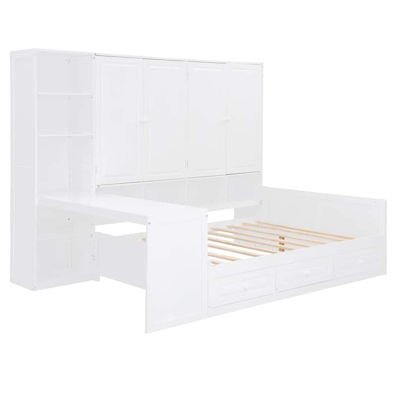 Full Size Wooden Daybed w/ Three Drawers & All-in-One Cabinet, Desk w/ Shelves, White
