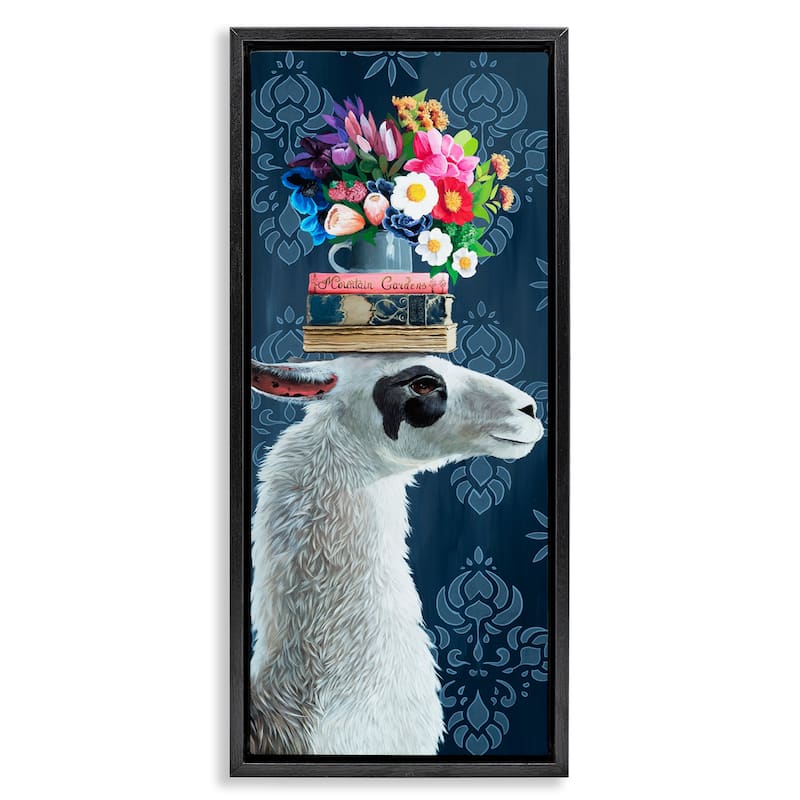 Stupell Llama with Book & Flower Arrangement Framed Floater Canvas Wall Art Design By Heather Gauthier - 11 x 25 - Black