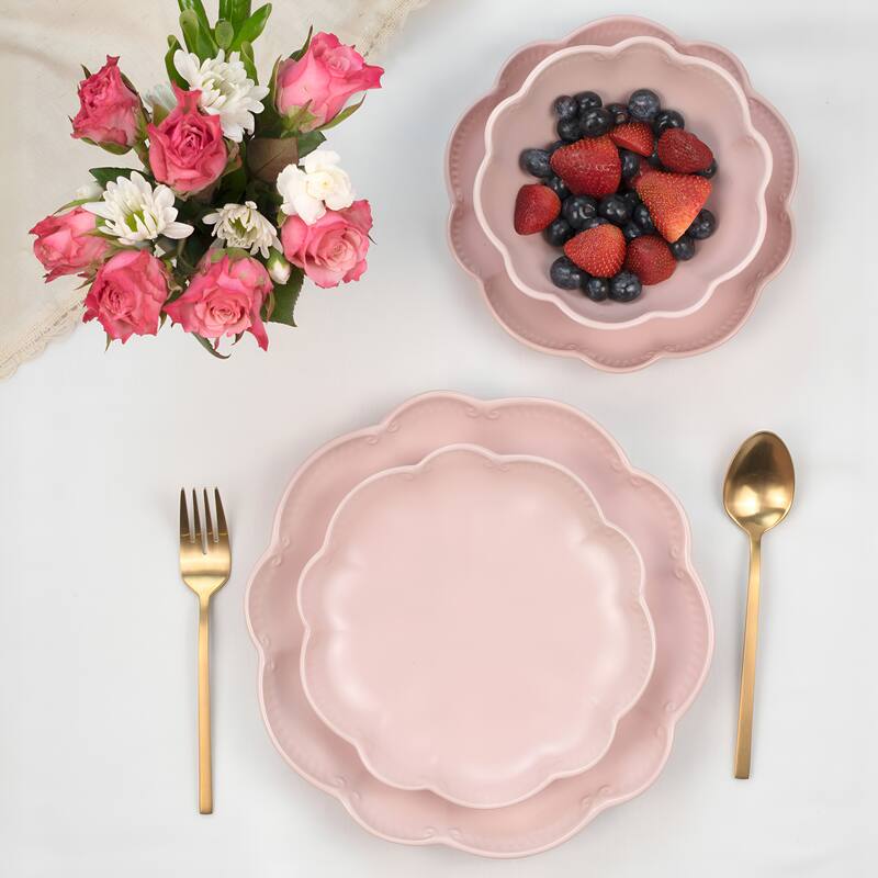 Sango Bethany 12-Piece Stoneware Dinnerware Set - Service for 4, Scalloped Plate & Bowl Set