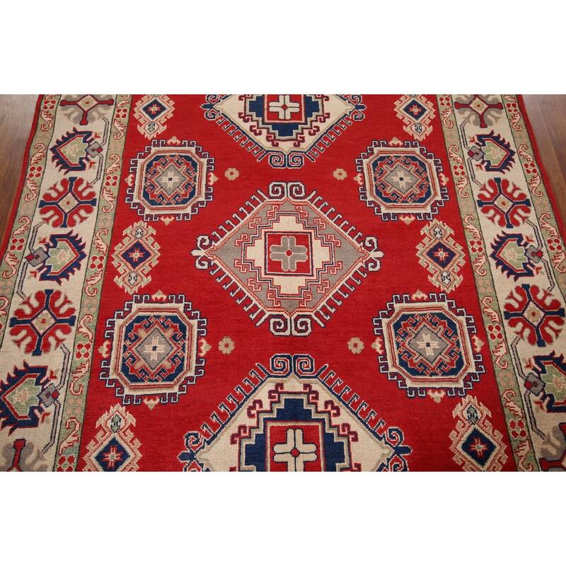 Geometric Kazak Rug Hand-Knotted Bedroom Red Wool Carpet - 5'9" x 7'7"