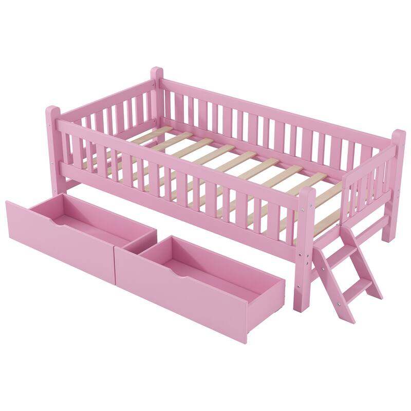 Wood Low Loft Bed Storage Platform Bed with Guardrail and 2 Drawers