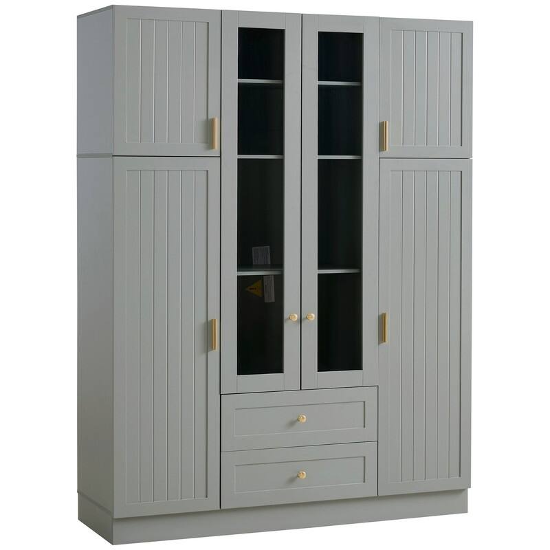 Modern 71" Tall Kitchen Pantry with Storage Cabinet, 6 Doors , Drawers, Adjustable Shelves,Pull-out Trays and Wine Rack