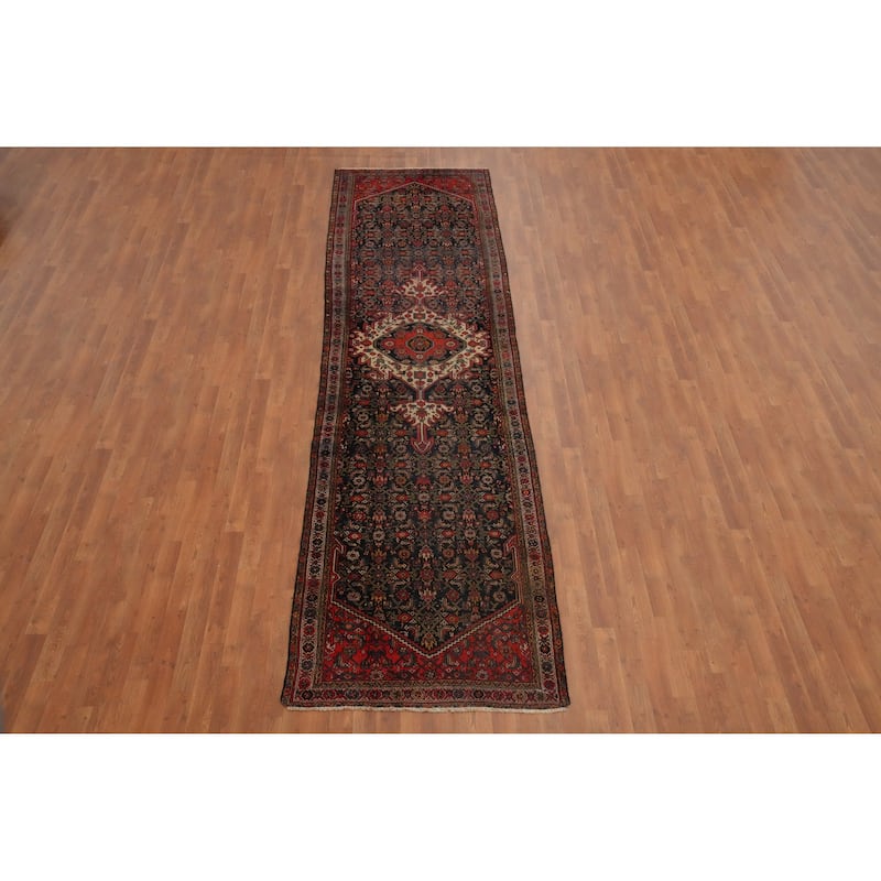 Hand Knotted Oriental 100% Wool Carpet Traditional Geometric Navy Blue & Blues Bibikabad Runner Rug - 13' 4'' X 3' 5''