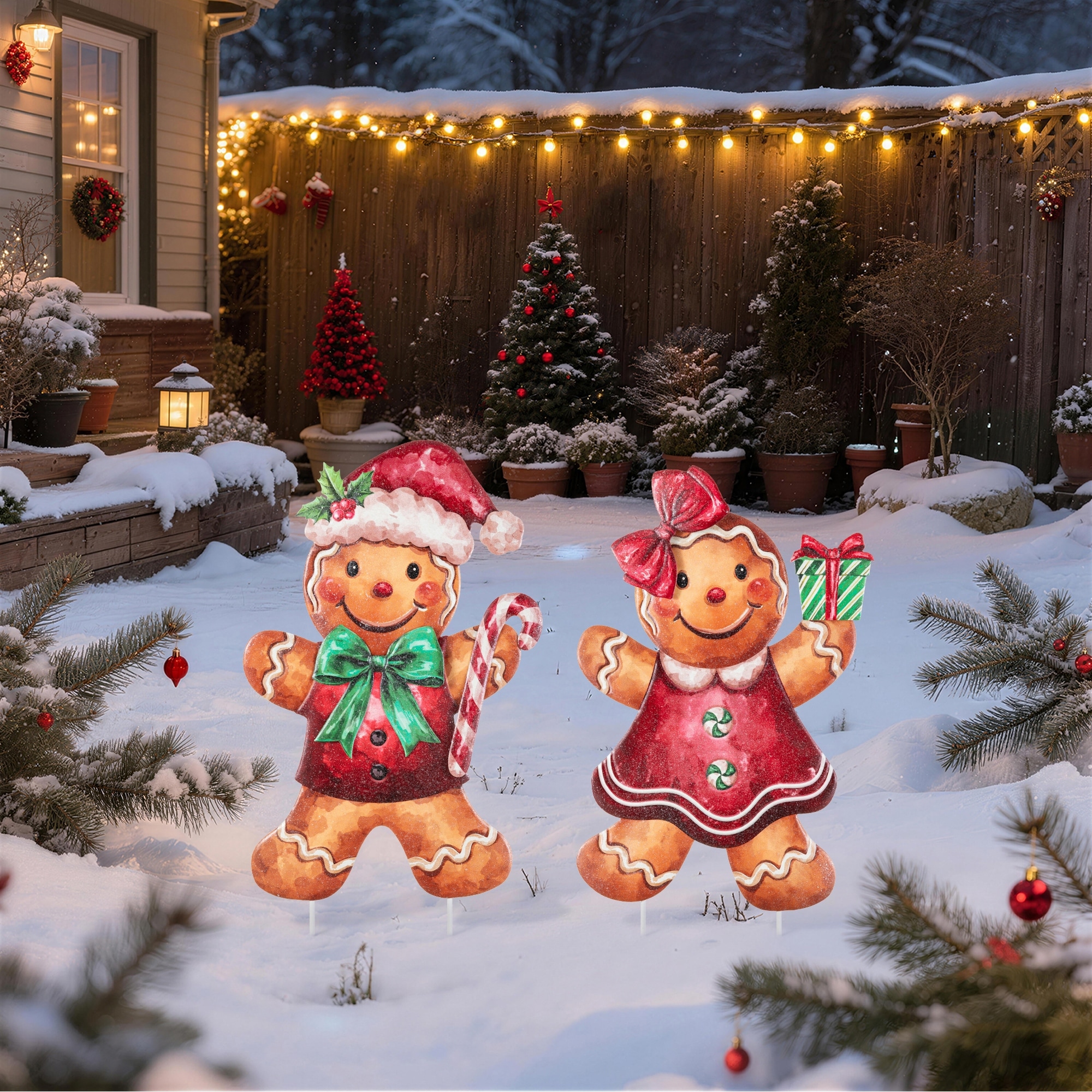 Glitzhome 25"H Set of 2 Christmas Metal Gingerbread Boy and Girl Yard Stake