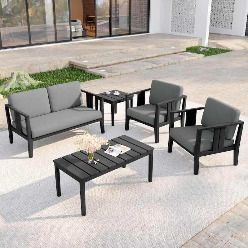 5-Piece Casual Outdoor Patio Furniture Set In Solid Teak Wood - Dark Wood - Grey