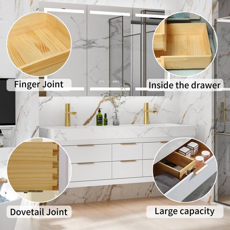 60" Wall-Mount Double Vanity with LED Light. - 60 inch