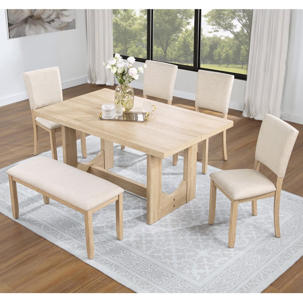 6-Piece Dining Set, Wooden Rectangular Table with Bench and 4 Chairs