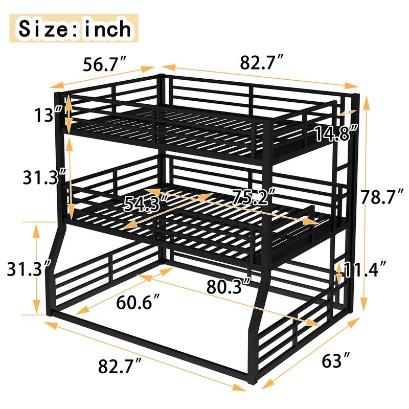Full/Full XL over Full/Full XL over Queen Metal Triple Bunk Bed with Guardrails, Noise-Reduced Frame, Heavy-Duty Design