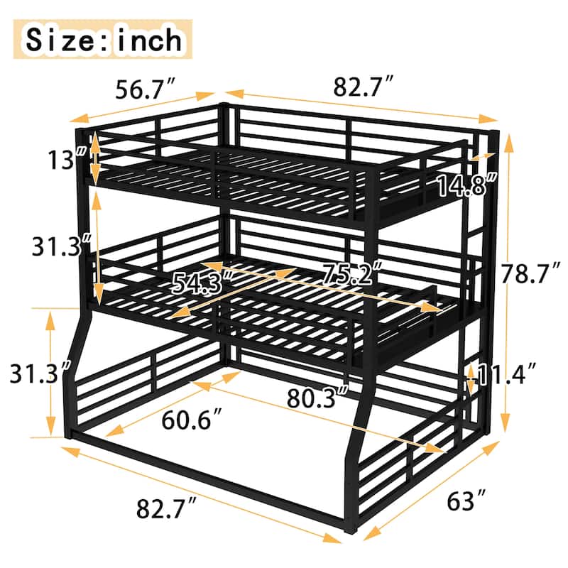 Metal Triple Bunk Bed with Safety Guardrails and Noise-reduced Design