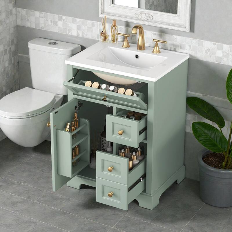 24" Bathroom Vanity with Sink, 3 Drawers and Cabinet with Door Storage Rack, MDF and Pine Wood, Modern Design