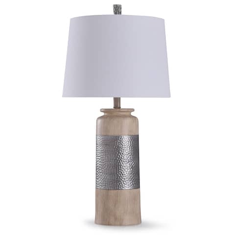 StyleCraft Haverhill Silver and Tan Hammered Banded Table Lamp with Off White Tapered Drum