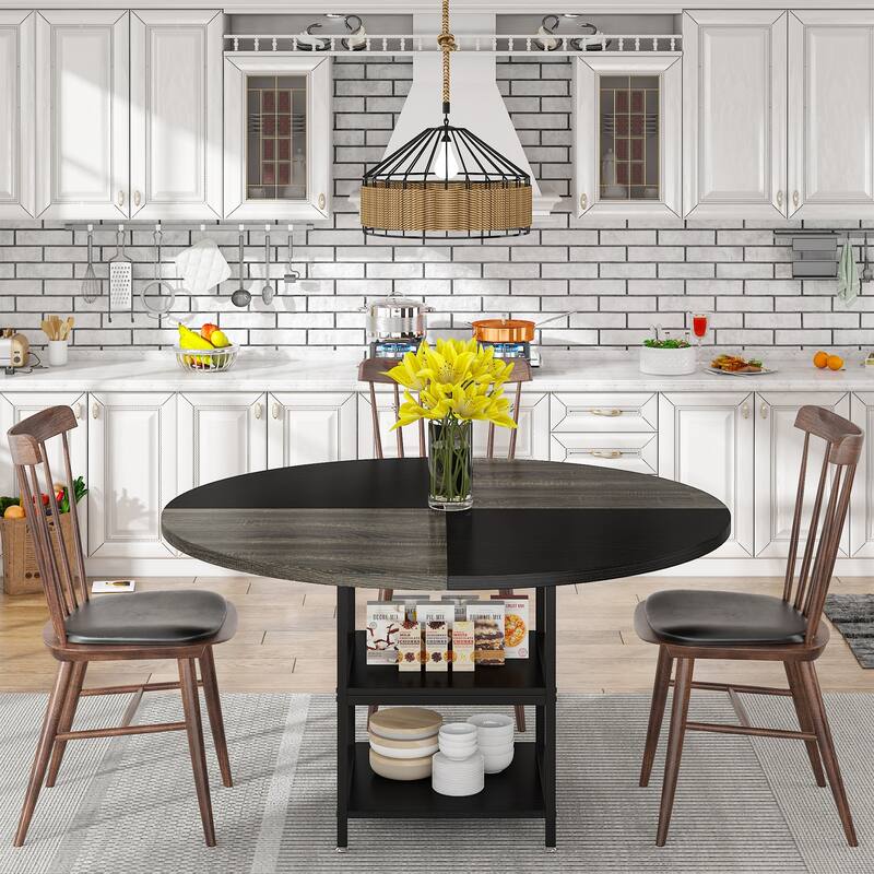 Dining Table with Storage Shelves for 4 People, Rustic Color Contrast Kitchen Table