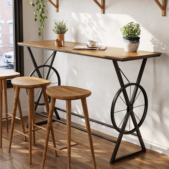 63" Counter Height Bar Table, High Pub Dining Table with Wheel-Design