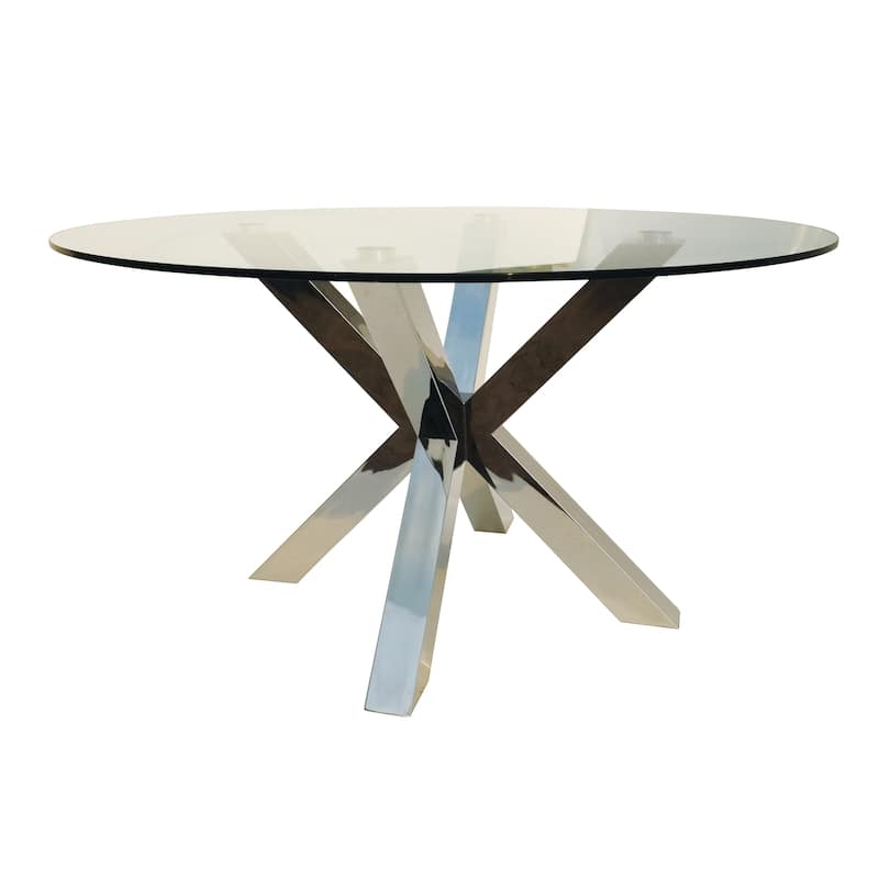 HomeRoots 54" Clear and Silver Glass and Metal Cross Leg Base Round Top Dining Table - 54.00 in. x 30.00 in. x 54.00 in.
