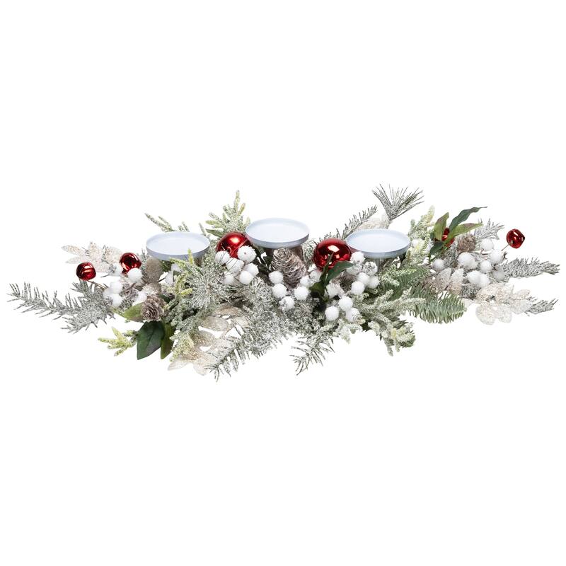 Frosted Winter Greenery and Jingle Bells Christmas Pillar Candle Holder - 28"