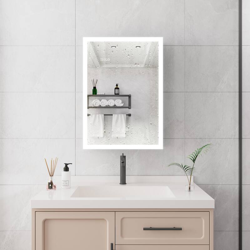 Bathroom Medicine Cabinet with Lights, 28 Inch LED Cabinet with Mirror, Lighted Medicine Cabinet with Defogger, Digital Clock