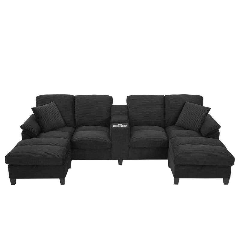 Roomfitters U-Shaped Sectional Sofa 116.9" Corduroy Upholstered Couch with Storage Ottomans, Cup Holders and USB Ports
