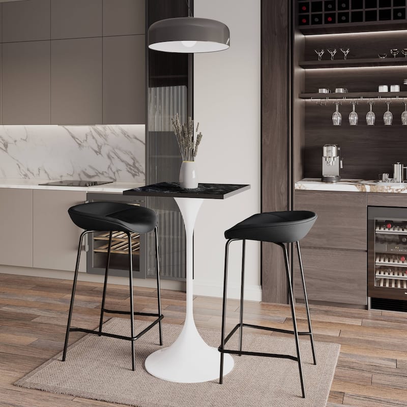 Verve 43 in. Tall Bar Height Dining Table Square MDF Wood Tabletop in White Stainless Steel Pedestal Base Accent Bar Table