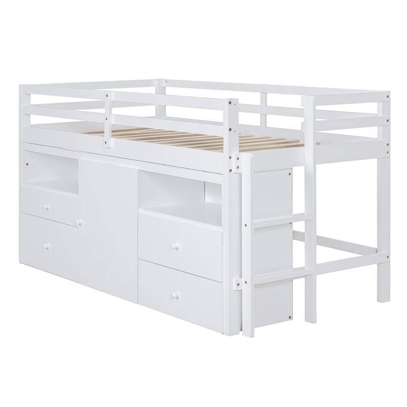 Twin Low Loft Bed Solid Wood Kids Bed Frame Storage Function Loft Bed with Cabinet and 4 Drawers No Box Spring Needed - White