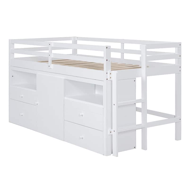 Twin Size Loft Bed with 4 Drawers, Underneath Cabinet and Shelves, Espresso