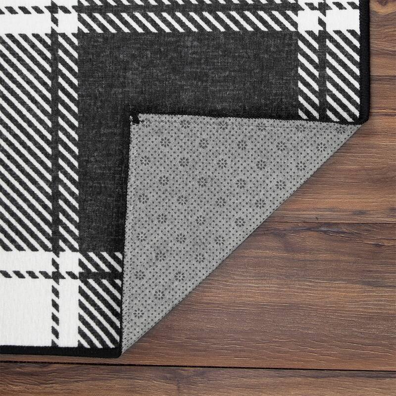 My Magic Carpet Machine Washable Area Rug Buffalo Plaid Black & White