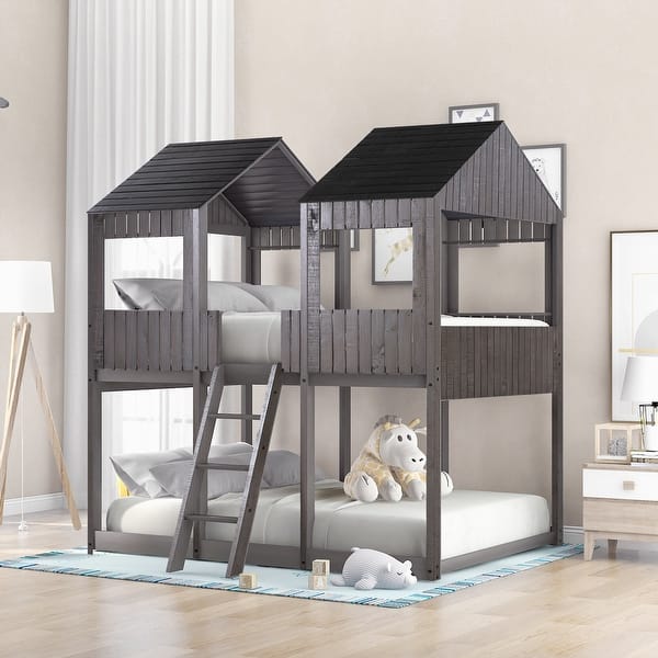 slide 2 of 28, Full Over Full Wood Bunk Bed with Roof, Window, Guardrail & Ladder, Playhouse-Inspired, Safe & Durable Design, Antique Grey Grey