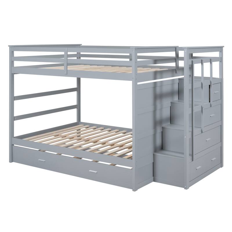 Space-Saving Twin Over Twin/Full Over Full Bunk Bed with Trundle and Storage Stairs, Solid Pine Wood Frame