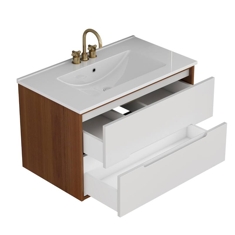 32 Inch Floating Bathroom Vanity with Sink & Double Drawers, Wall-Mounted Bathroom Vanity Base with Ceramic Basin