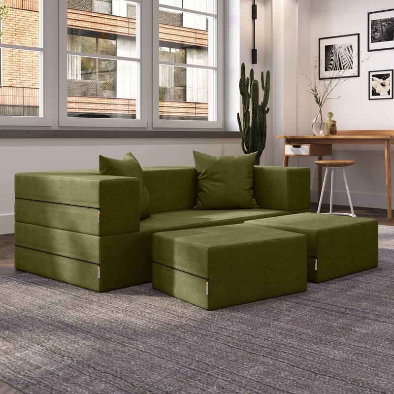 Jaxx Zipline Convertible Queen-size Sleeper Loveseat and Ottoman Set - Moss