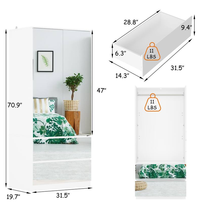 Modern Mirrored Wardrobe Armoire with Hanging Rod White Bedroom Storage Cabinet, Freestanding Closet Organizer