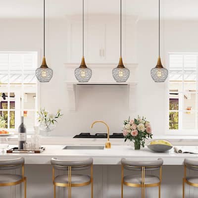 Mid-century Modern 1-Light Black Metal Cage Kitchen Island Pendant Adjustable Wire Light - 7"W x 7"D x 13"-72"H
