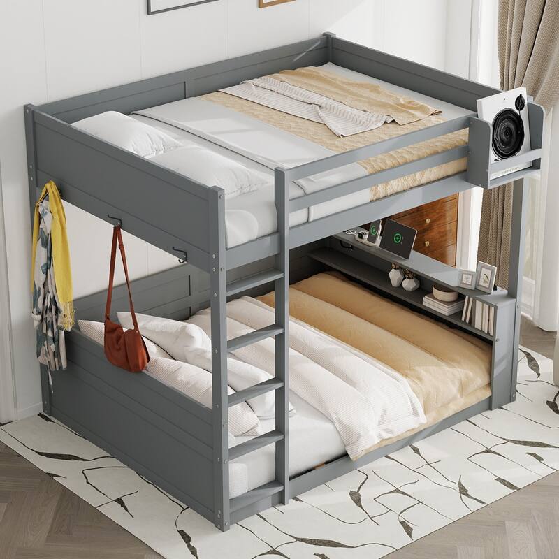 Queen Size Pinewood Bunk Bed with Built-in Shelves, Storage Box, LED Lights and USB Charging Station