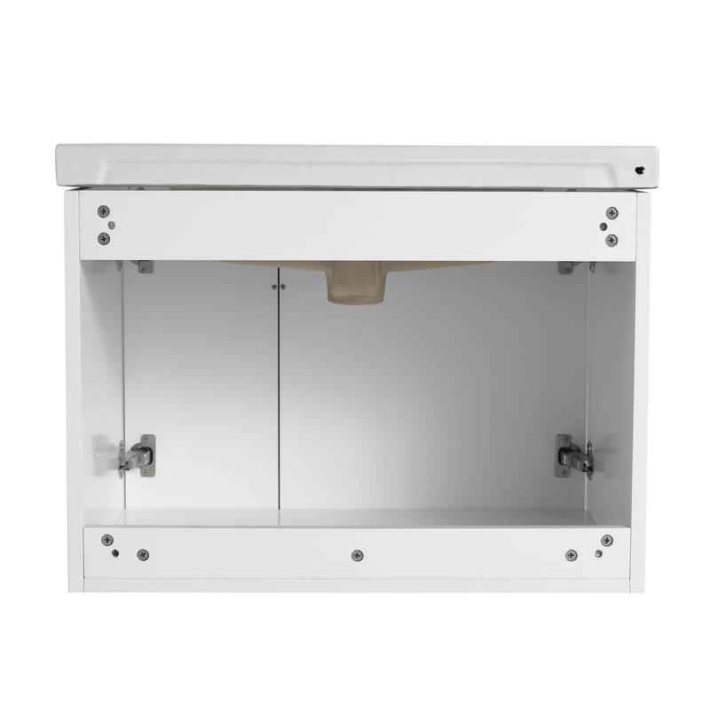 Wall-Mounted Bathroom Vanity with Ceramic Sink, Soft-Close Doors, Unique 3D Wave Design, and Metal Handles - 27.75in L Plywood
