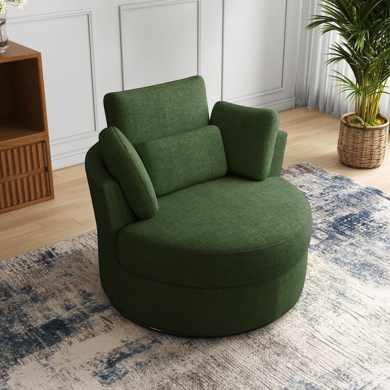 41" W Oversized Accent Barrel Swivel Chair with Moon Storage Ottoman - Single Chair - Green Chenille