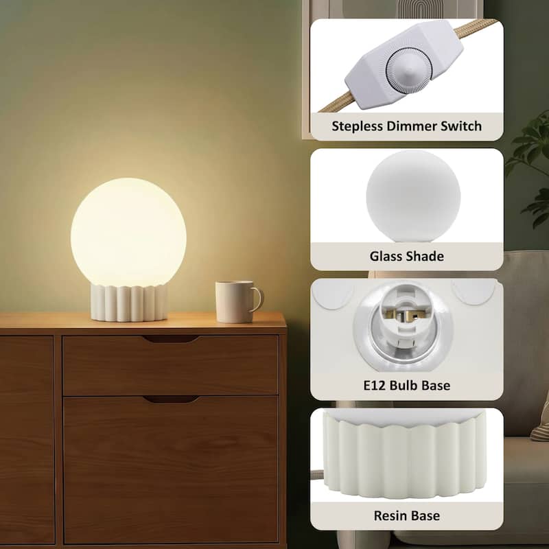 Modern 6.9" Opal Glass Globe Table Lamp with Fluted Resin Base, Dimmerable Rotary Switch, Accent Lighting (Bulb Not Included)