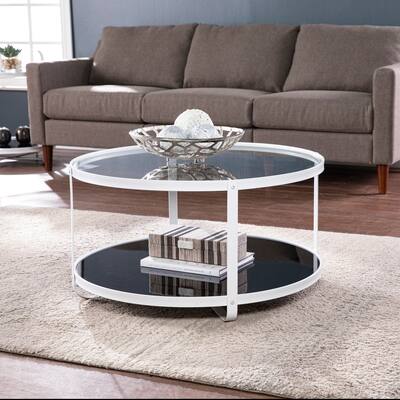 Contemporary Design Round Coffee Table, Glass-Top Cocktail Table, With White Metal Frame And Clear Glass Tabletop