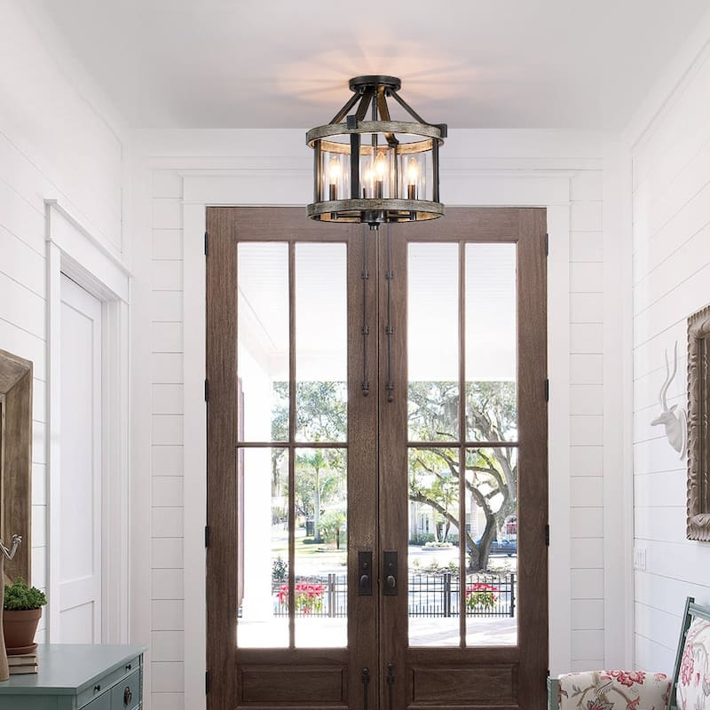 12.5 in. 4-Light Natural Iron and Distressed Faux Wood Modern Farmhouse Semi-Flush Mount Ceiling Light - 12.5"W