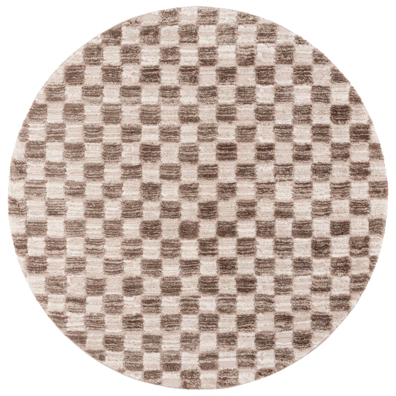 SAFAVIEH Seattle Elisabeta Shag Checkered 1-inch Thick Rug - 6'7" Round - Ivory/Brown