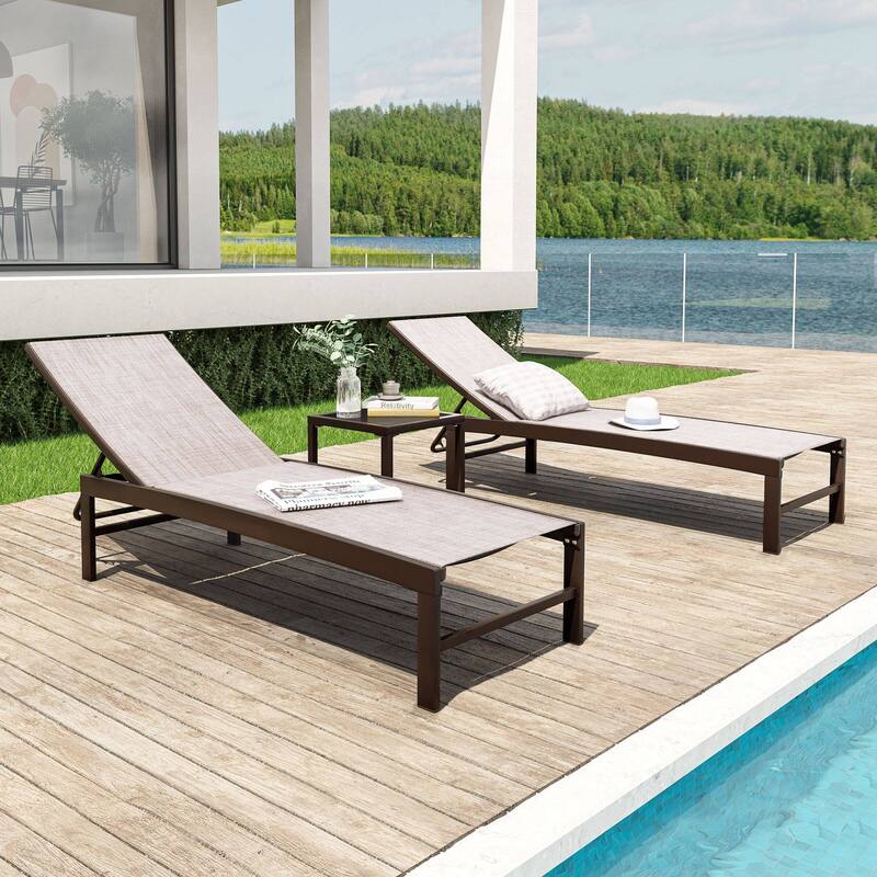 VredHom Outdoor Aluminum Adjustable Chaise Lounge Chairs and Side Table Set - 60.4 in L * 24.6 in W * 16.1/40.8 in H - Beige-with Glass Table