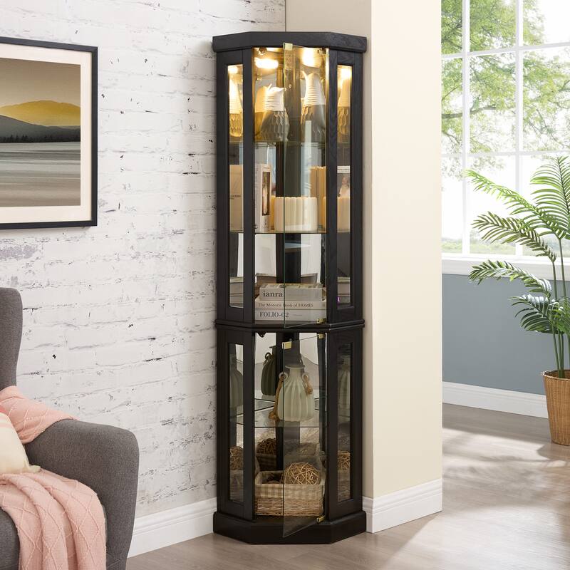 Lighted Corner Curio Cabinet - Display Case for Living Room, Antique Collectibles, Wine & Bar Glass Storage