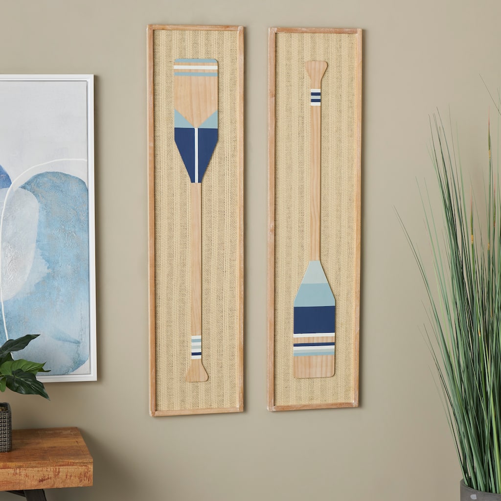 Cream Wood Paddle Home Wall Decor with Blue and White Stripes and Woven Paper Backing (Set of 2)